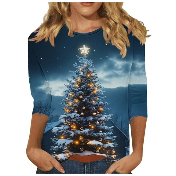 Christmas 3/4 Sleeve T Shirts for Women Plus Size T Shirt Crew Neck Casual Tops Fashion Printed Round Neck Tops