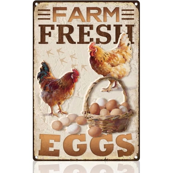 Fresh Eggs Tin Sign Retro Wall Decor Metal 8" x 12" Chicken Eggs Wall Art Poster for Home Cafe Room Farmhouse Courtyard Store Market Yard Kitchen Supermarket Clubs Decor Gift