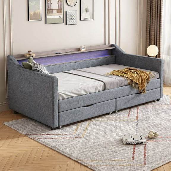 Newboti Twin Size Daybed with 2 Storage Drawers and 2-Tier Shelf & Wireless Charger/USB/Type-C Port, Modern Linen Upholstered Sofa Day Bed Frame with Smart LED Light for Livingroom, Apartment,Ligh 097