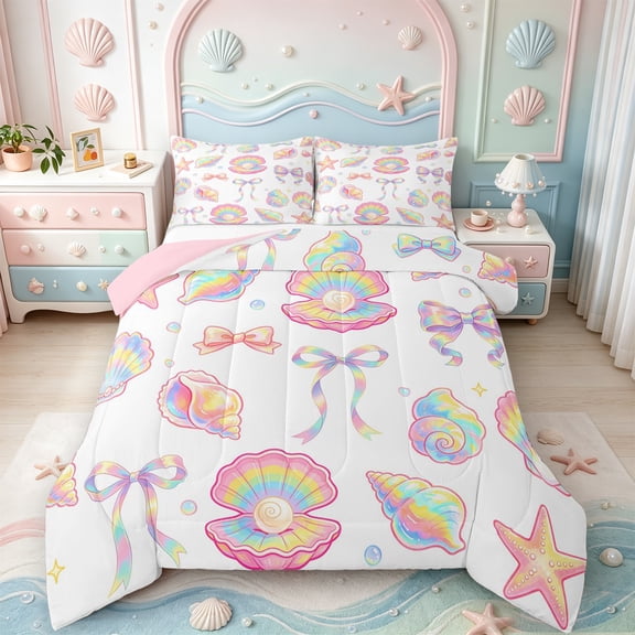 Manfei Colorful Gradient Bow Full Size Comforter Sets,Rainbow Conch Stars Bedding Comforter Set,Pink Reversible,3pcs,1 Comforter and 2 Pillowcases