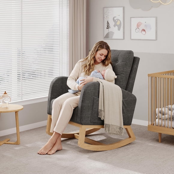 Modern Nursery Rocking Chair – High Backrest, Comfortable Linen Upholstery, Sturdy Wooden Legs – Glider Armchair for Living Room or Bedroom – Dark Gray Linen without Footrest