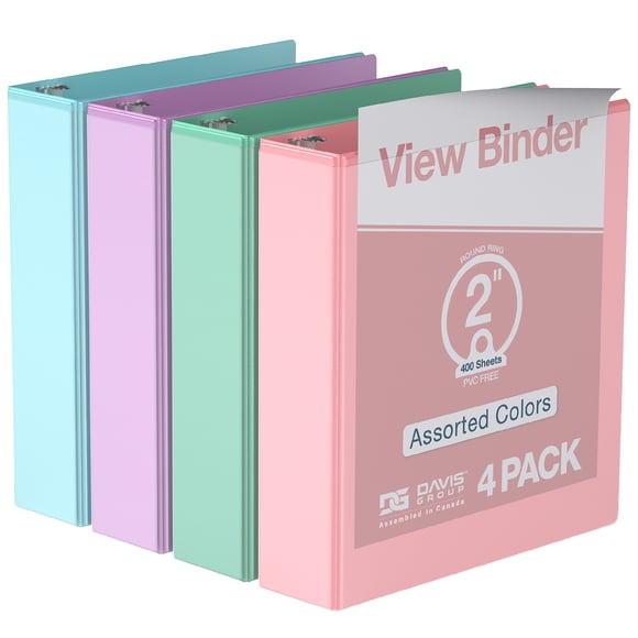 Davis Group Economy 3-Ring View Binders, 2" Round Rings, 475 Capacity, Assorted, Pack of 4