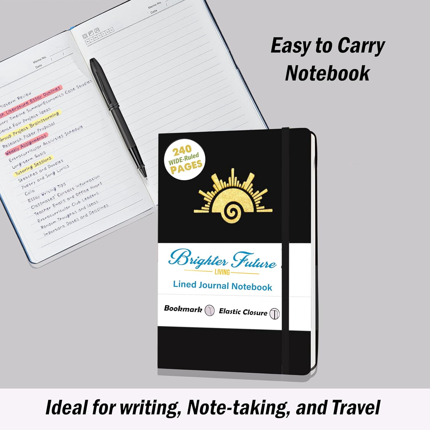BrighterFutureLiving A5 Lined Journal Notebook – 240 Ruled Pages, Faux Leather Hardcover | Writing Journals for Business, School, Travel | Gift for All Occasions – 10-Pack (Black)
