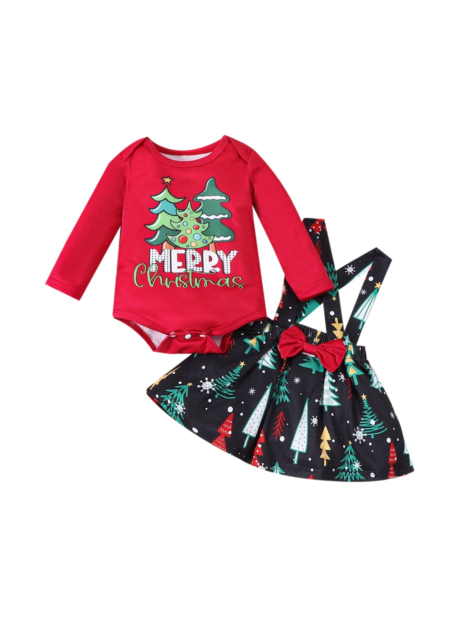 Ensemble Vêtement Noël Bébé Fille 4 Pièces - Barboteuse Manches Longues + Jupe + Collants + Nœud - Pour Nouveau-né Jusqu'à 12 Mois - 10