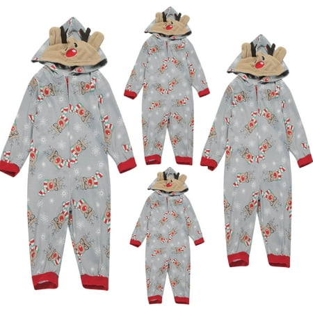 

GRNSHTS Christmas Family Matching Pajamas for Family Adults Kids Baby Reindeer Printed Onesies Hooded Zipper Jumpsuit Sleepwear (Grey Kid 2T)