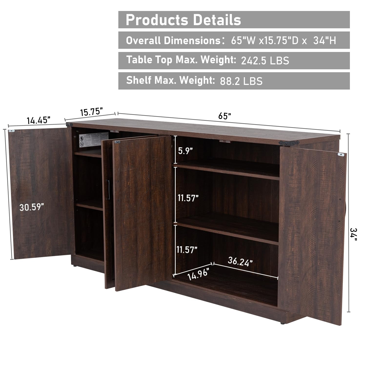 ChVans 65" Farmhouse Kitchen Buffet Cabinet with 4 Barn Doors, 34" Tall Wood Sideboard Credenza with Storage and Adjustable Shelves for Kitchen, Dining Room, Living Room, Brown