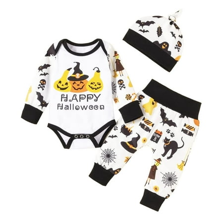 

StylesILove Baby Toddler Boys Three Pumpkins Print Bodysuit and Bottom with Hat 3pcs Cotton White Halloween Outfit (24 Months)
