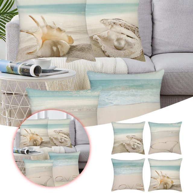 Beach Scenery Pattern 4pc Pillow Decoration Set 45x45cm Linen Sofa Pillow Cushion Cover