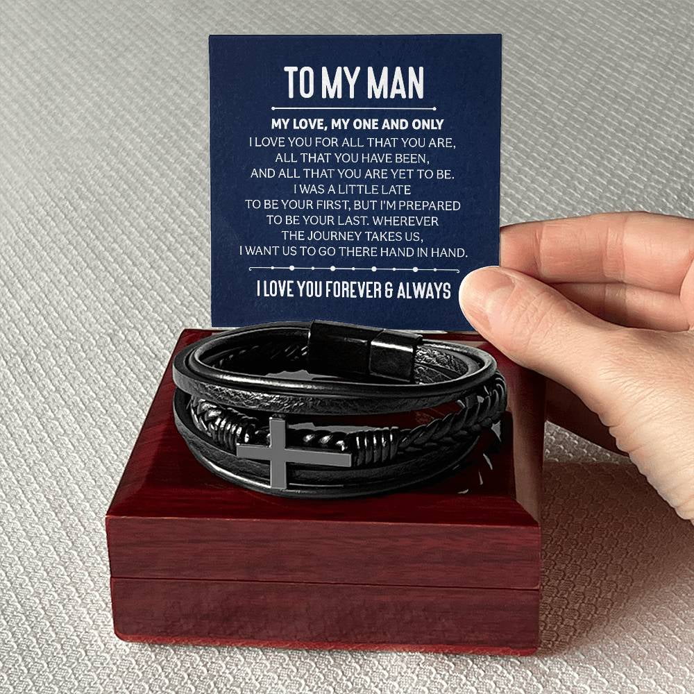 To My Man My Love My One and Only Men's Cross Bracelet - Vegan Leather with Stainless Steel