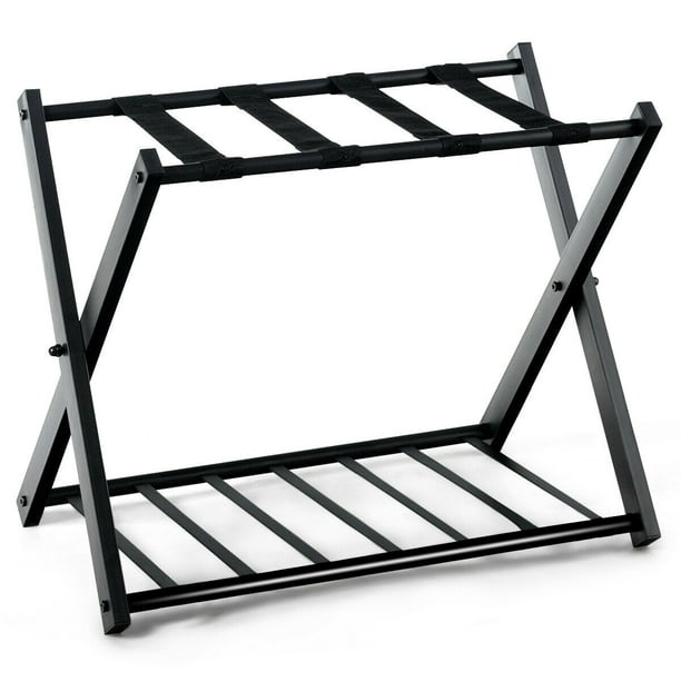 Costway Folding Luggage Rack With Shelf, Wooden Luggage Rack With Shelf