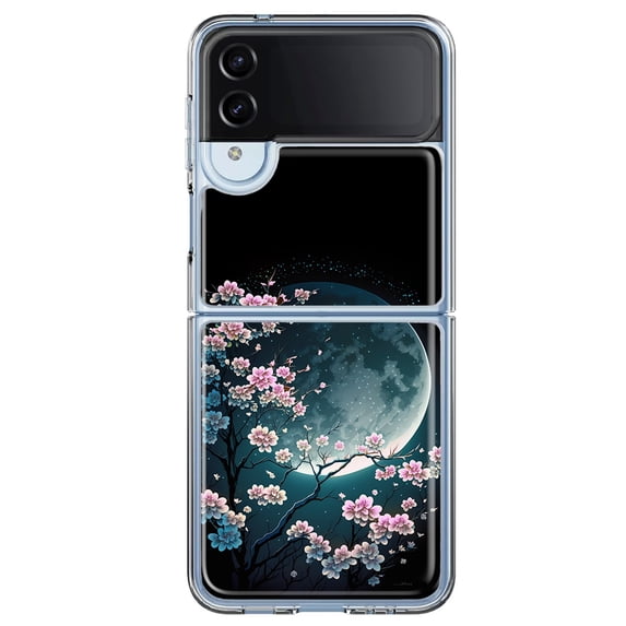 MUNDAZE Samsung Galaxy Z Flip 4 Shockproof Clear Hybrid Protective Phone Case Kawaii Manga Pink Cherry Blossom Full Moon Cover