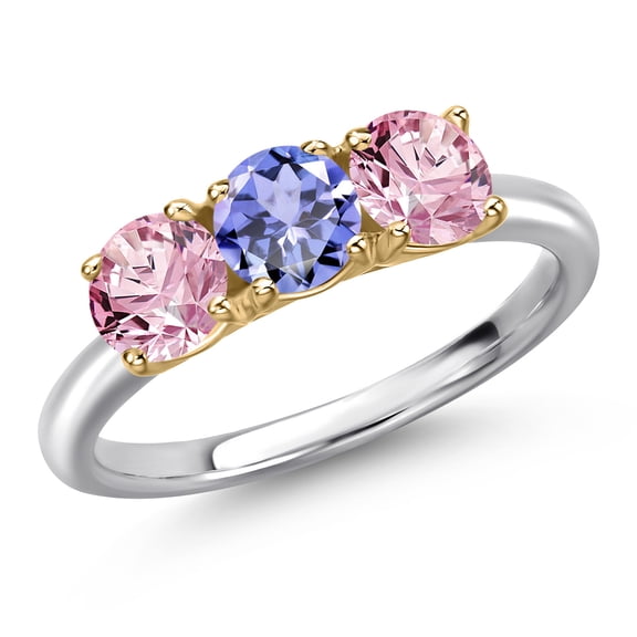 Gem Stone King 10K Two Tone Gold Blue Tanzanite and Pink Lab Grown Diamond Engagement Ring for Women | 1.46 Cttw | Round 5MM | Gemstone December Birthstone | Size 9