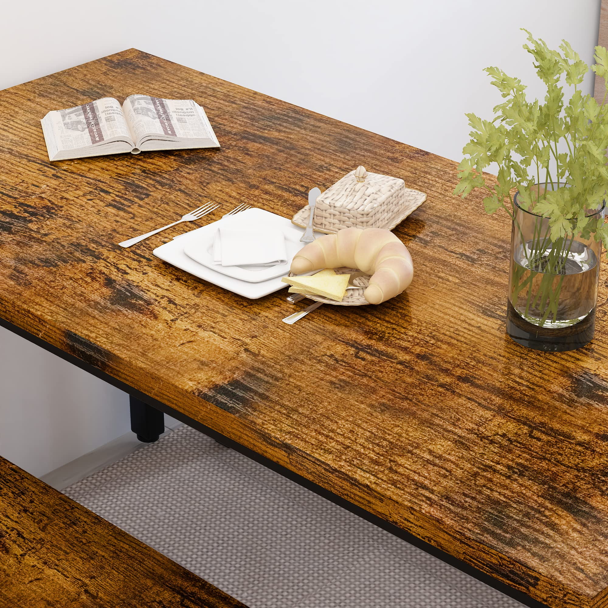 AWQM Dining Table Set with Two Benches, Kitchen Table Set for 4-6 Persons, Kitchen Table of 43.4 x 23.7 x 28.6 Inches, Bench of 38.6 x 11.9 x 17.6 Inches Each, Rustic Brown and Black