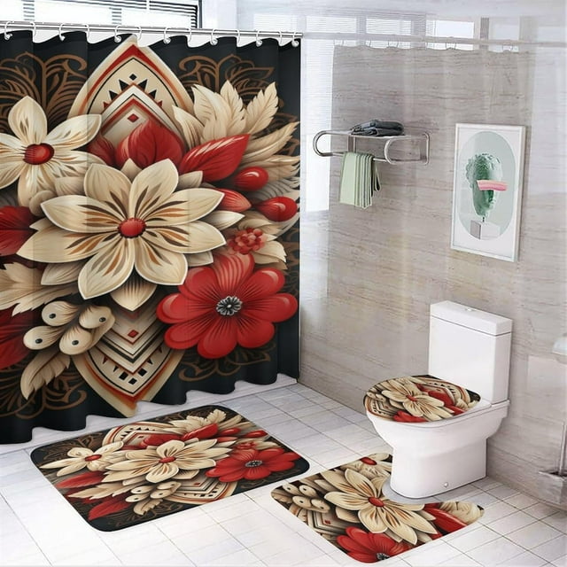 Faty-T Ensembles de Rideaux de Douche avec Tapis 4 Pcs Peinture de Fleurs et Feuilles Rideau de Douche et Tapis Ensemble de Rideaux de Douche Fleurs Colorées Aquarelle Abstraite Florale Ferme Salle de Bain Ensemble de Douche