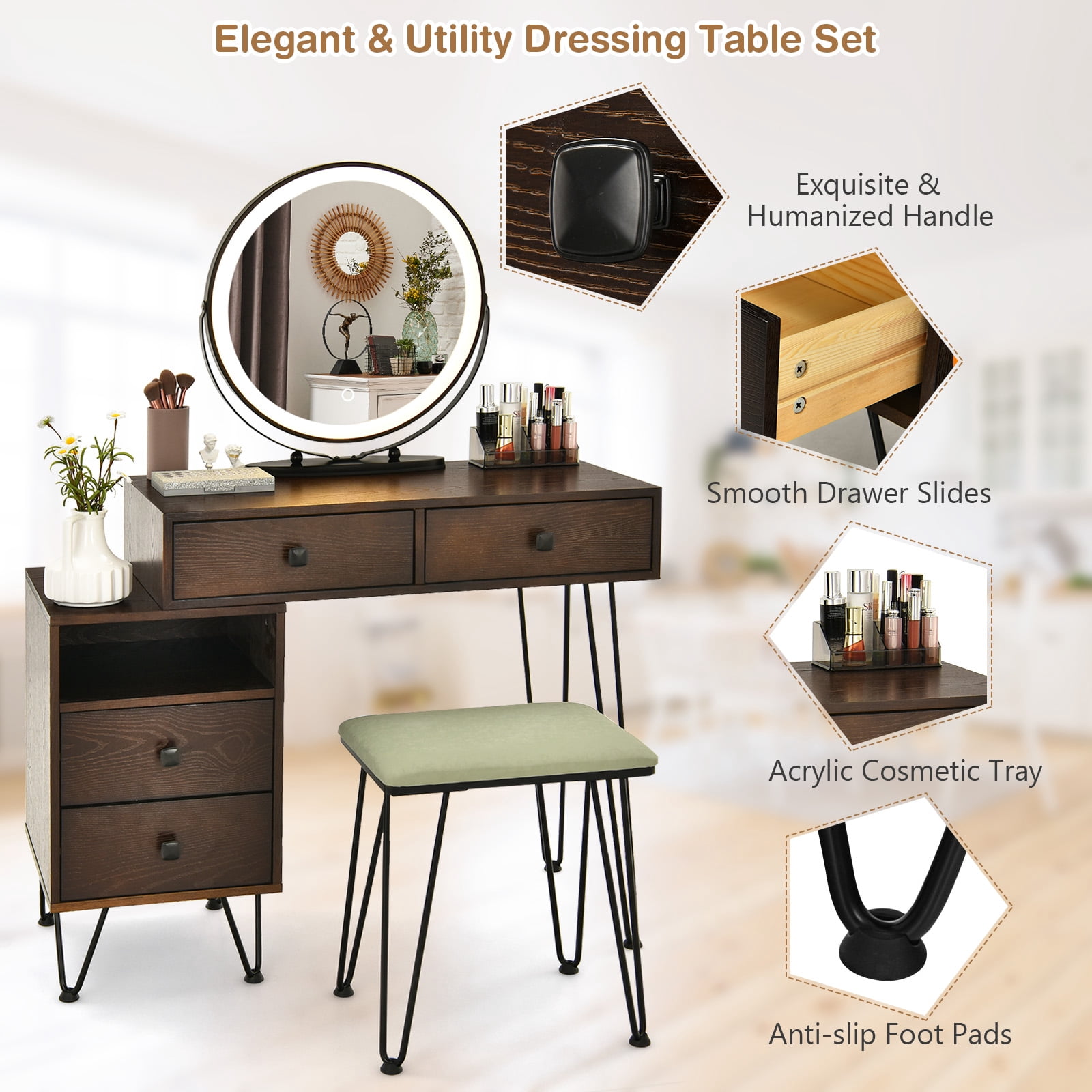 dressing table brown colour CASPIAN Furniture Engineered Wooden Classical Streak Brown Colour Dres –  Caspian Furnitures main image 1