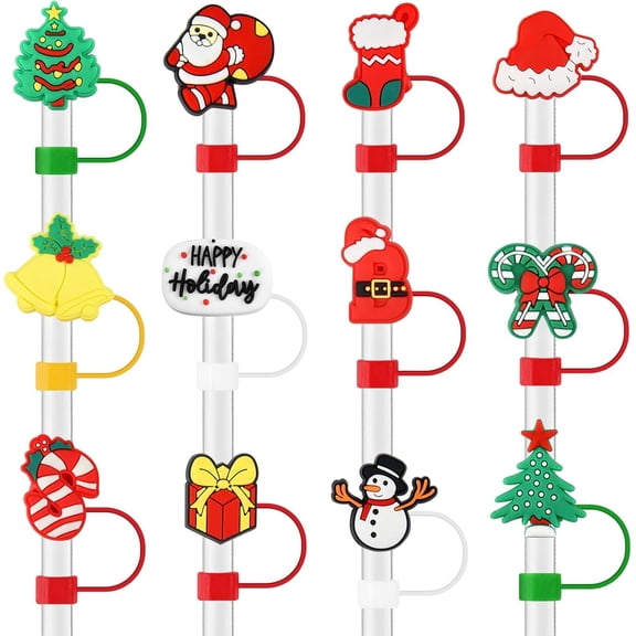 12 Pcs Christmas Themed Straw Cover Cap Silicone for 10mm Straws Dust-Proof Drinking Straw Toppers for Xmas Holiday Party Supplies