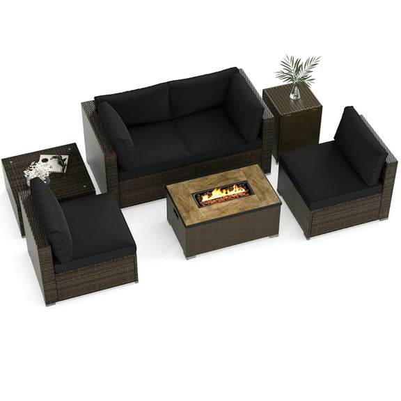 Gymax Set Of 7 Furniture Set w/32'' Fire Pit Table & Propane Tank Cover Outdoor Black