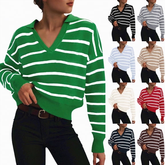 vigerkar Women Striped Sweater V Neck Sweaters Woman Cute Sweater Trendy Knit Long Sleeve Loose Pullover Sweaters (Sky Blue, L)