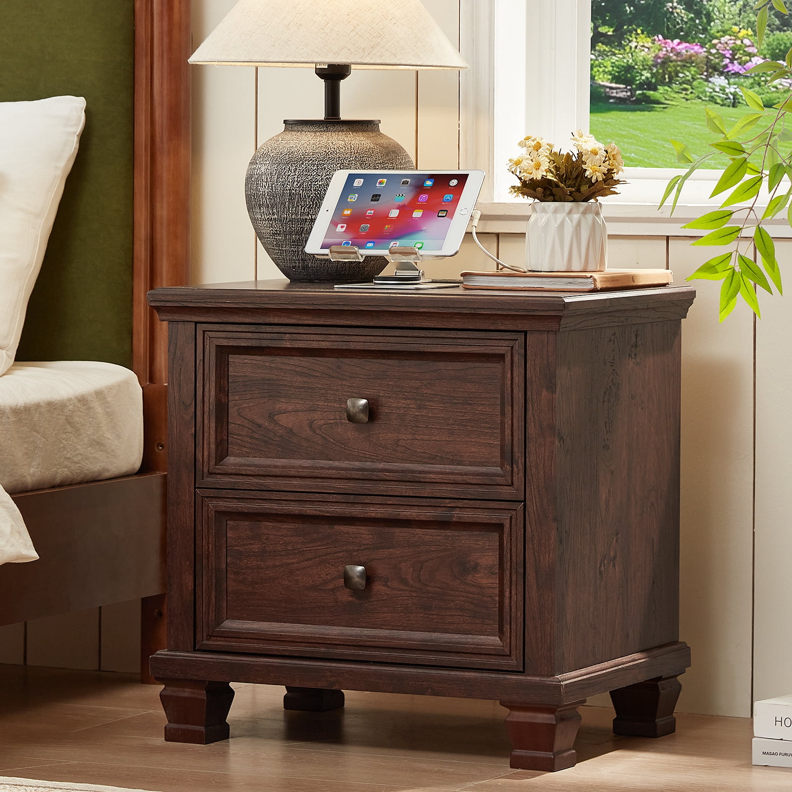 Buildhom Farmhouse Nightstand with Charging Station, 2-Drawer Rustic End Table with Solid Wood Legs for Bedroom, Walnut