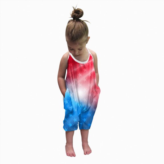 Splozh 4th Fourth of July Toddler Girl Outfit USA Romper Spaghetti Strap Jumpsuit Red White and Blue Outfits,Red,5-6 Years