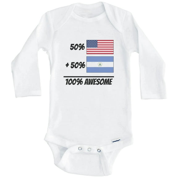 50% American Plus 50% Nicaraguan Equals 100% Awesome Cute Nicaragua Flag One Piece Baby Bodysuit (Long Sleeve), 0-3 Months White
