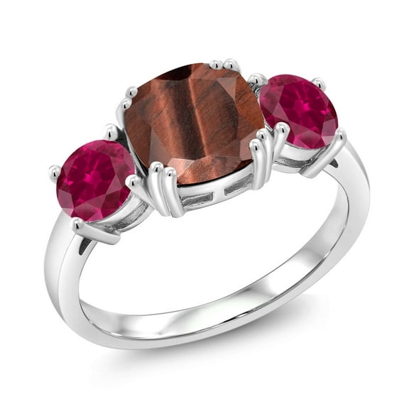 Gem Stone King 925 Sterling Silver Red Tiger Eye and Red Created Ruby 3 Stone Engagement Ring for Women (4.00 Cttw, Gemstone, Cushion 8MM, Size 7)
