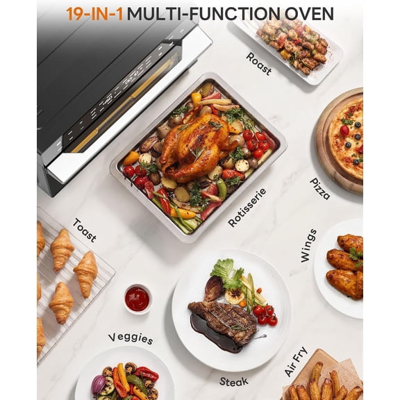 19-in-1 air fryer oven combo, with rotating grill and dehydrating function, digital control convection oven countertop air fryer, can bake 13inch pizzas, comes with 6 accessories