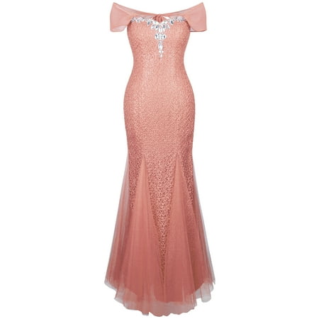 Tulle Mermaid Dress - Angel-fashions Women's Halter Bateau Beaded Tulle Mermaid Sheath Prom Dresses