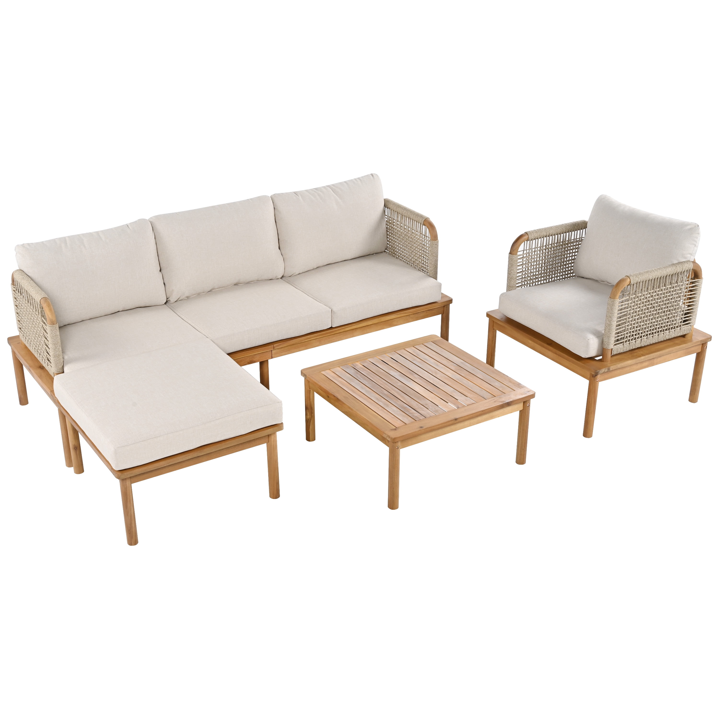 Outdoor 4-Piece Acacia Wood & Rope Patio Sofa Set, Complete Seating with Ottoman, Coffee Table & Club Chair for Garden Backyard, Teak+Beige