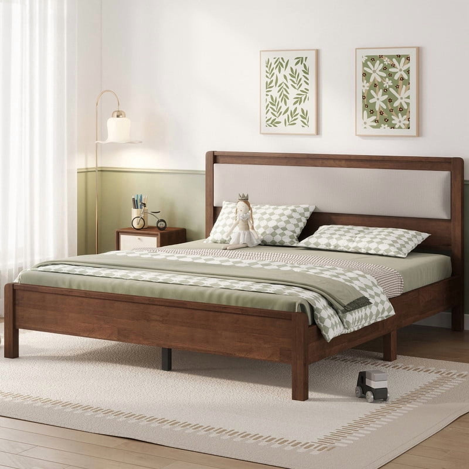 Queen Size Wooden Bed Frame with Upholstered Headboard, Low Profile Platform Bed with Central Support Legs
