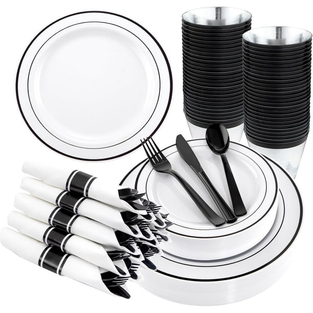 350 platos de plástico plateados: cubiertos desechables. Incluye: 50 platos de cena de 10,25”, 50 platos de postre de 7,5”, 50 vasos con borde plateado de 9 oz, 50 servilletas preenrolladas con