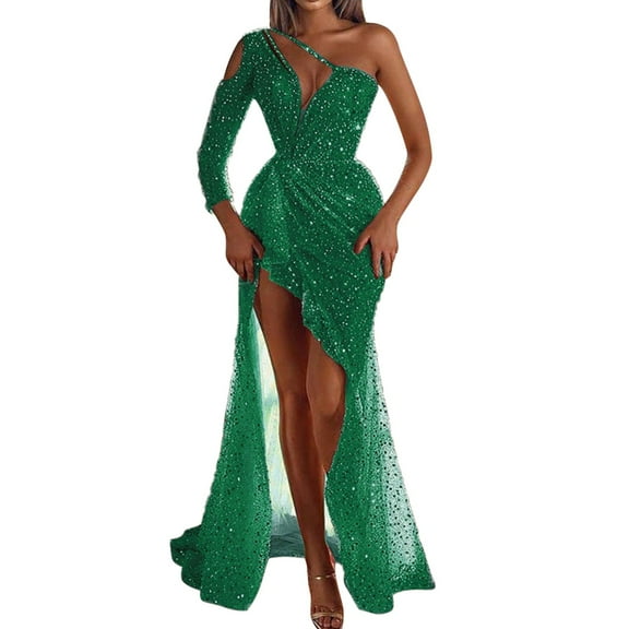 PMVFHDE Women Off Shoulder Sparkly Evening Dress Asymmetrical Hem Party Gown Party Dresses For Women Green,S