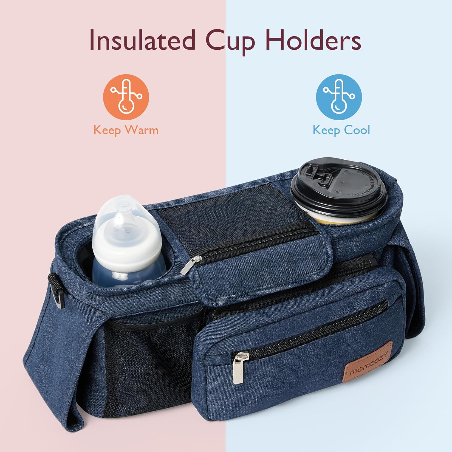 Momcozy Universal Stroller Organizer with Insulated Cup Holder for Newborn & Toddler, Blue