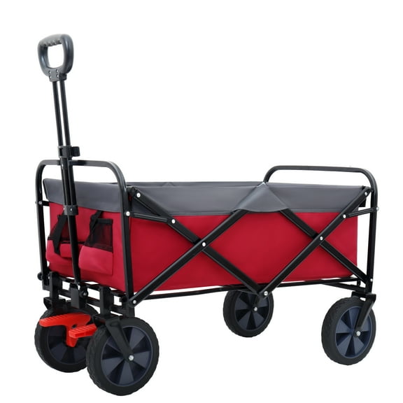 Witaxima 150L Collapsible Wagon Cart Foldable, Heavy Duty Utility Garden Wagon with 360lbs Capacity, 8" Wheels & Extendable Handle for Outdoor, Grocery, Shopping (Gray/Wine Red)