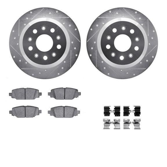 Dynamic Friction Company Rear Brake Rotors-Drilled and Slotted-Silver with Ultimate Duty Performance Brake Pads includes Hardware 7412-42046
