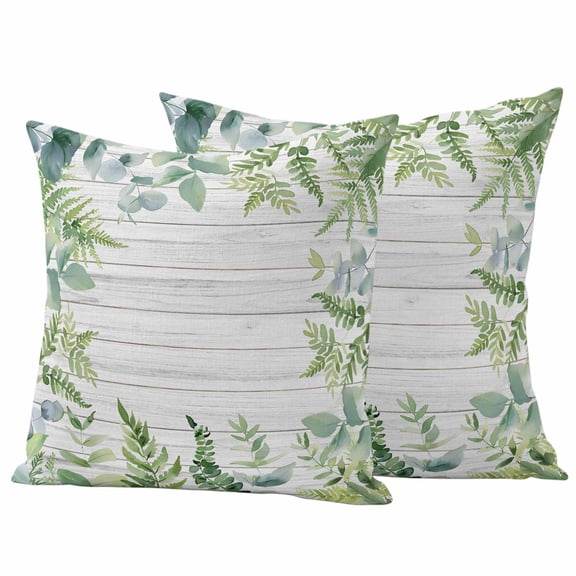 Eucalyptus Leaves Outdoor Waterproof Pillow Covers, Summer Pastoral Botanical Gray Wooden Decorative Square Throw Pillowcase Sofa Cushion Sham for Patio/Couch/Chair, 18"x18" 2 Pack