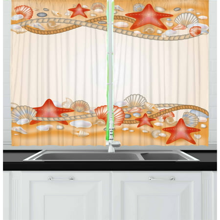 Beach Curtains 2 Panels Set, Sand Seashells Starfish and Ropes Marine Inspirations Abstract Coast, Window Drapes for Living Room Bedroom, 55W X 39L Inches, Pale Orange Vermilion Cream, by (Best Seashell Beaches On The East Coast)