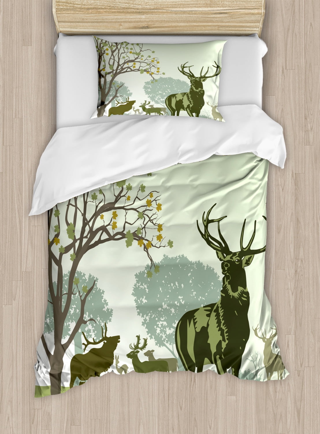 Twin Green Microfiber Deer and Wildlife Duvet Set