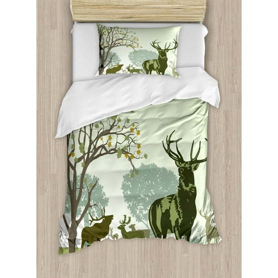 Antlers Duvet Cover Set Twin Size, Deer and Wildlife in Park World Natural Heritage Forest Areas Reindeer Nature Scene, Decorative 2 Piece Bedding Set with 1 Pillow Sham, Green, by Ambesonne