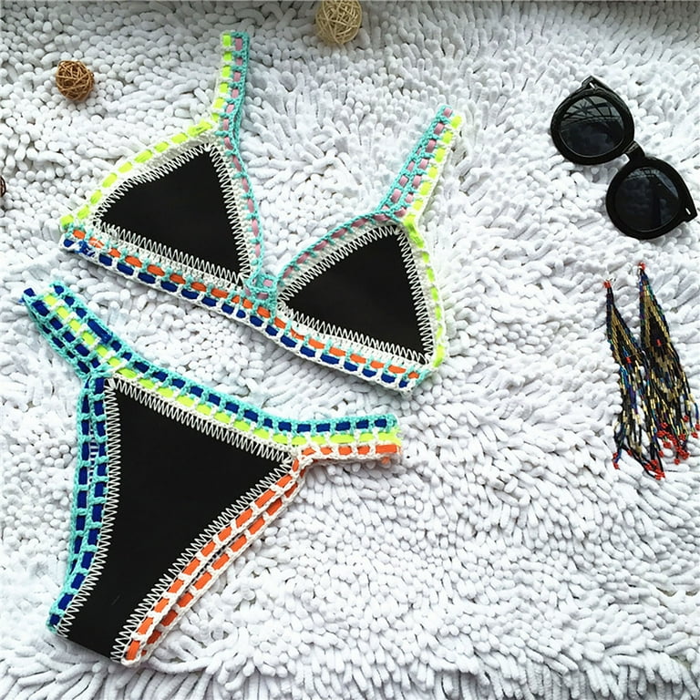 IDALL Bikini Sets Bathing Suit Knitted Seashell Triangle Bralette Crochet Triangle Bikini Top And Bottom Low Waist Bathing Suit Swimwear Thong Bikini