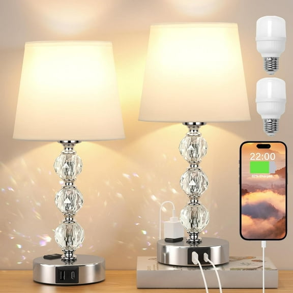 14.6'' Bedside Lamps for bedrooms Set of 2 - Mini Crystal Table Lamps with USB A C Charging Ports and AC Outlet, 3 Way Dimmable Touch Control Silver Bed Side Nightstand Lamp