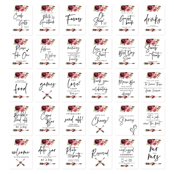 Koyal Wholesale Pink Burgundy Watercolor Roses Wedding Signs Bundle 30 Set for Ceremony, Reception Décor