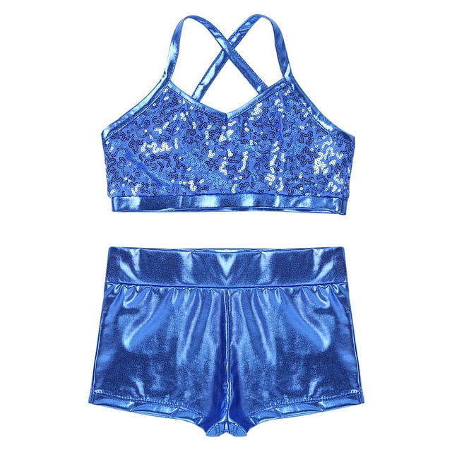 Haitryli Girls' Kids 2-Piece Active Set Dance Sport Outfits Racer Back Top and Booty Short Gymnastics Dancing Clothes Light_Blue Sequins 6