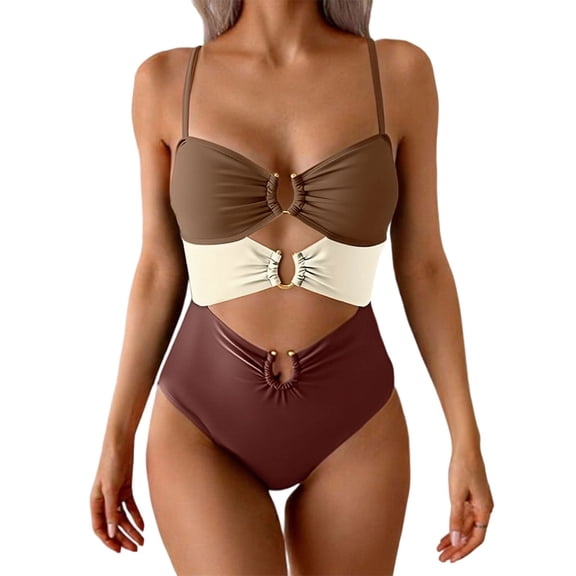 Sevevn Women's One Piece Cutout Swimsuit Color Block Spaghetti Strap Bathing Suits Tummy Control Swimwear Brown S