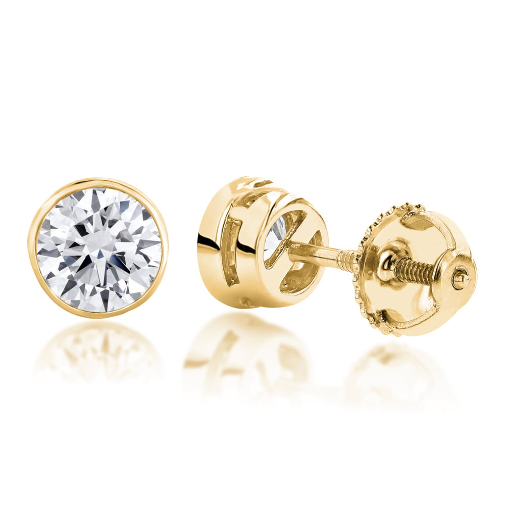 New Bezel Set Solitaire Stud Earring 1ct Round Cut Screw Back Solid 14K Gold 
