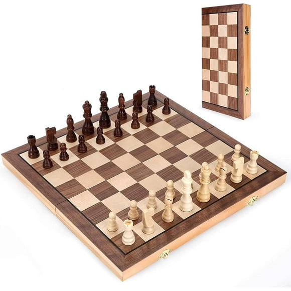 3 in 1 Wooden Chess Set, Folding Board Chess International Checkers Portable Chessboard Game Board Set