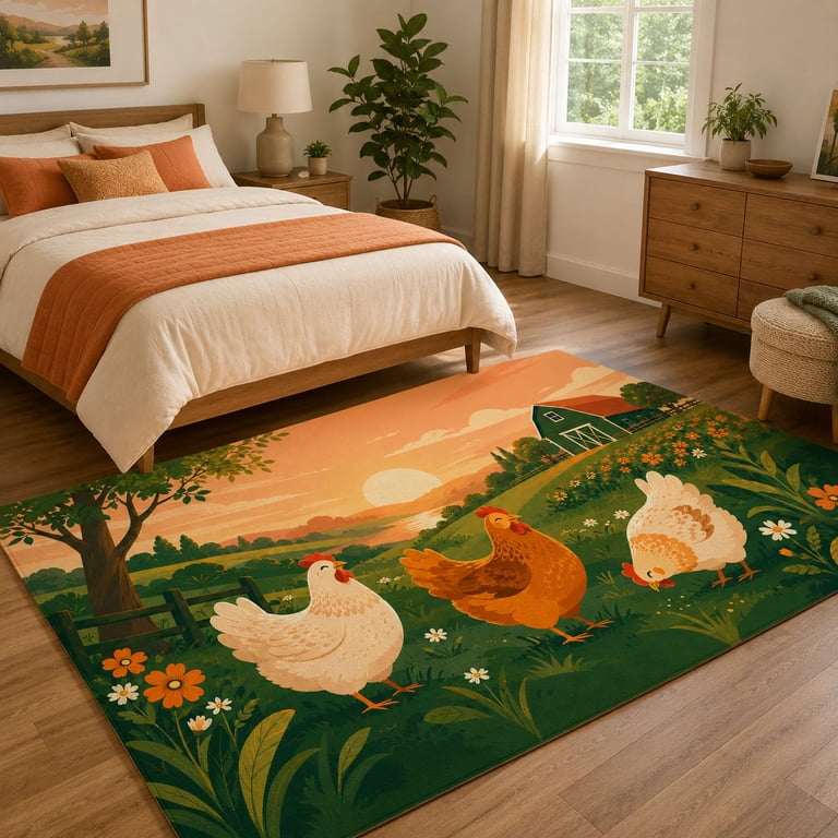 Sunset Rectangle Photo Happy Hens Sunset Rectangle Rug for Farmhouse, Rustic Style - Walmart.com