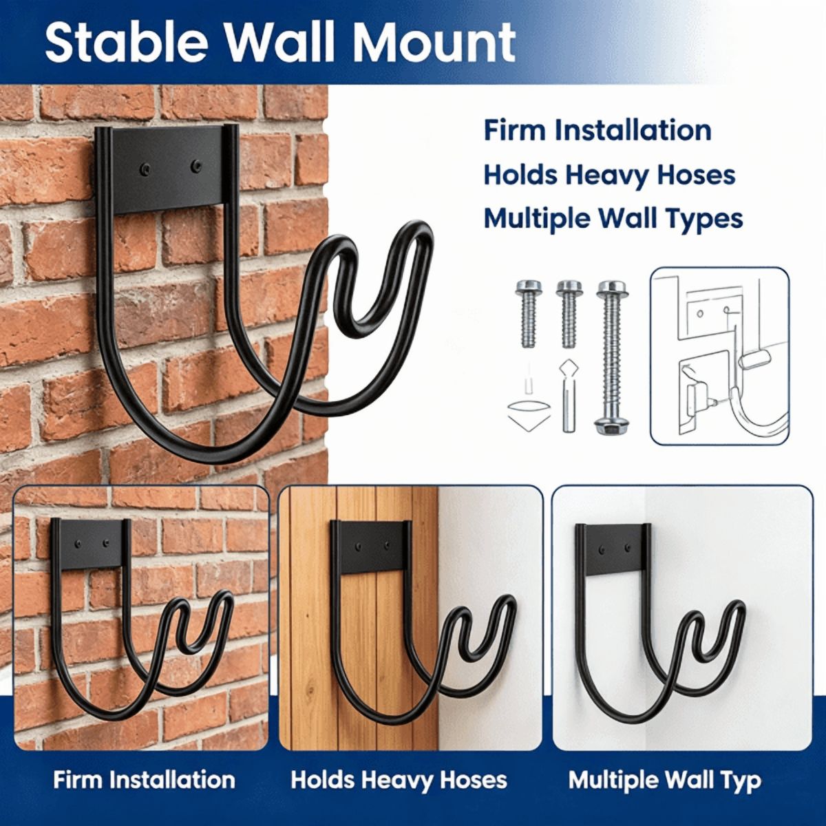 2PCS Wall Mount Garden Hose Holder, 304 Stainless Steel Hose Hanger with U‑Shaped Nozzle Slot, Holds Up to 150ft 1/2‑Inch Hose for Yard, Patio & Outdoor Organization