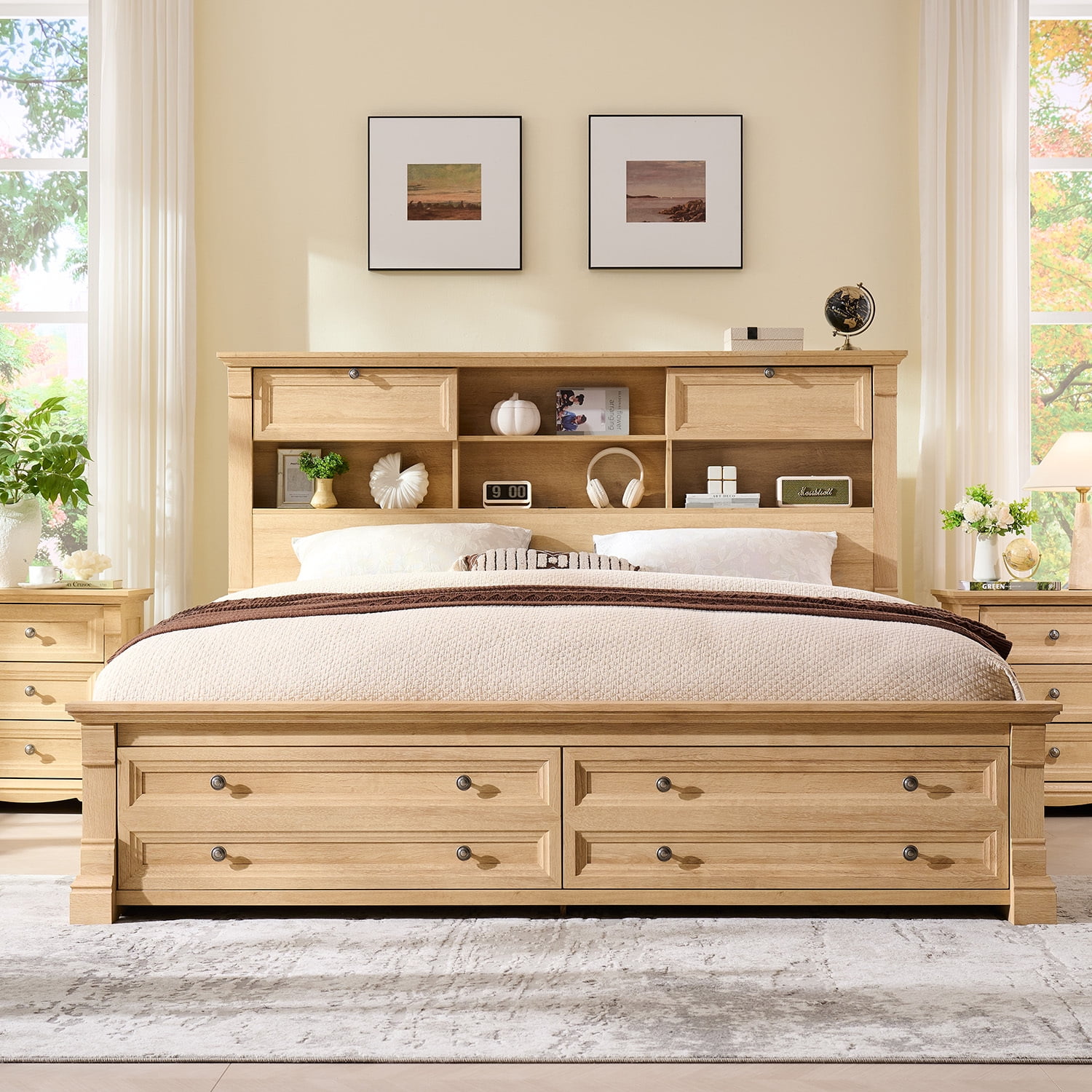 KeyWhat Farmhouse King Size Bed Frame with 54" Tall Storage Bookcase Headboard, Wood Platform Bed Frame with 2 Drawers, No Box Spring Needed, Natural Oak