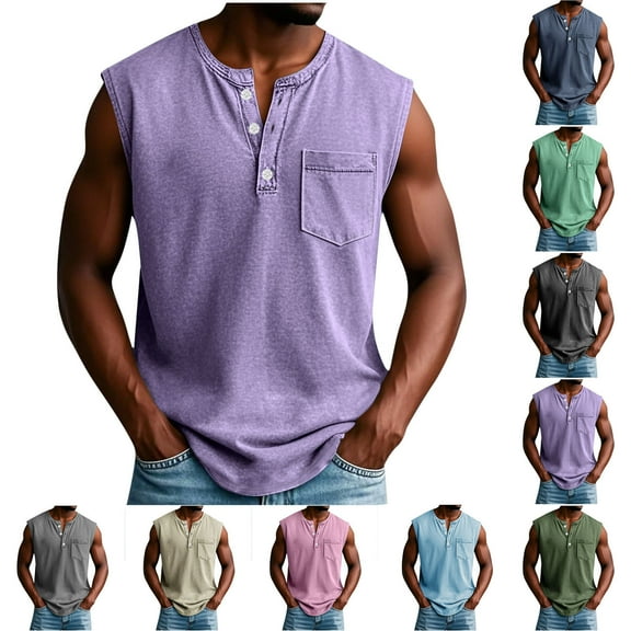 Horkkom Tank Tops Men Summer V Neck Solid Color Button Down Shirt Casual Workout Muscle Sleeveless Shirts with Pocket, Gifts for Men 2XL